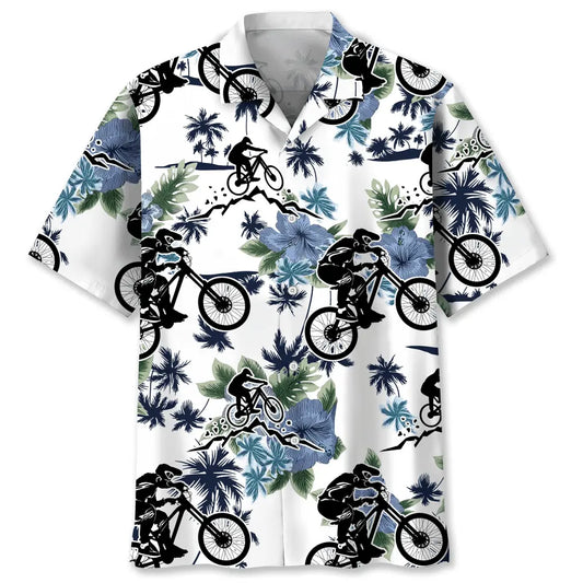 Mountain Bike White Nature Hawaiian Shirt For Tropical Holidays, Outdoor Gatherings, And Everyday Comfort