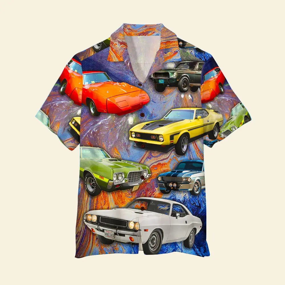 Colorful Island Summer Muscle Car Aloha Cars Pattern Hawaiian Shirt For Summer Vacation, Beach Travel, And Casual Wear