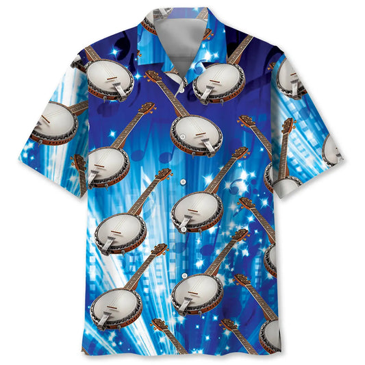 Music Banjo Blue Hawaiian Shirt For Summer Vacation, Beach Travel, And Casual Wear
