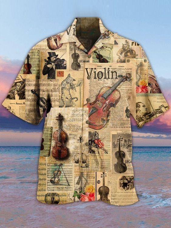 Vintage Violin Hawaiian Shirt With All Over Print For Tropical Getaways Outdoor Fun And Everyday Wear