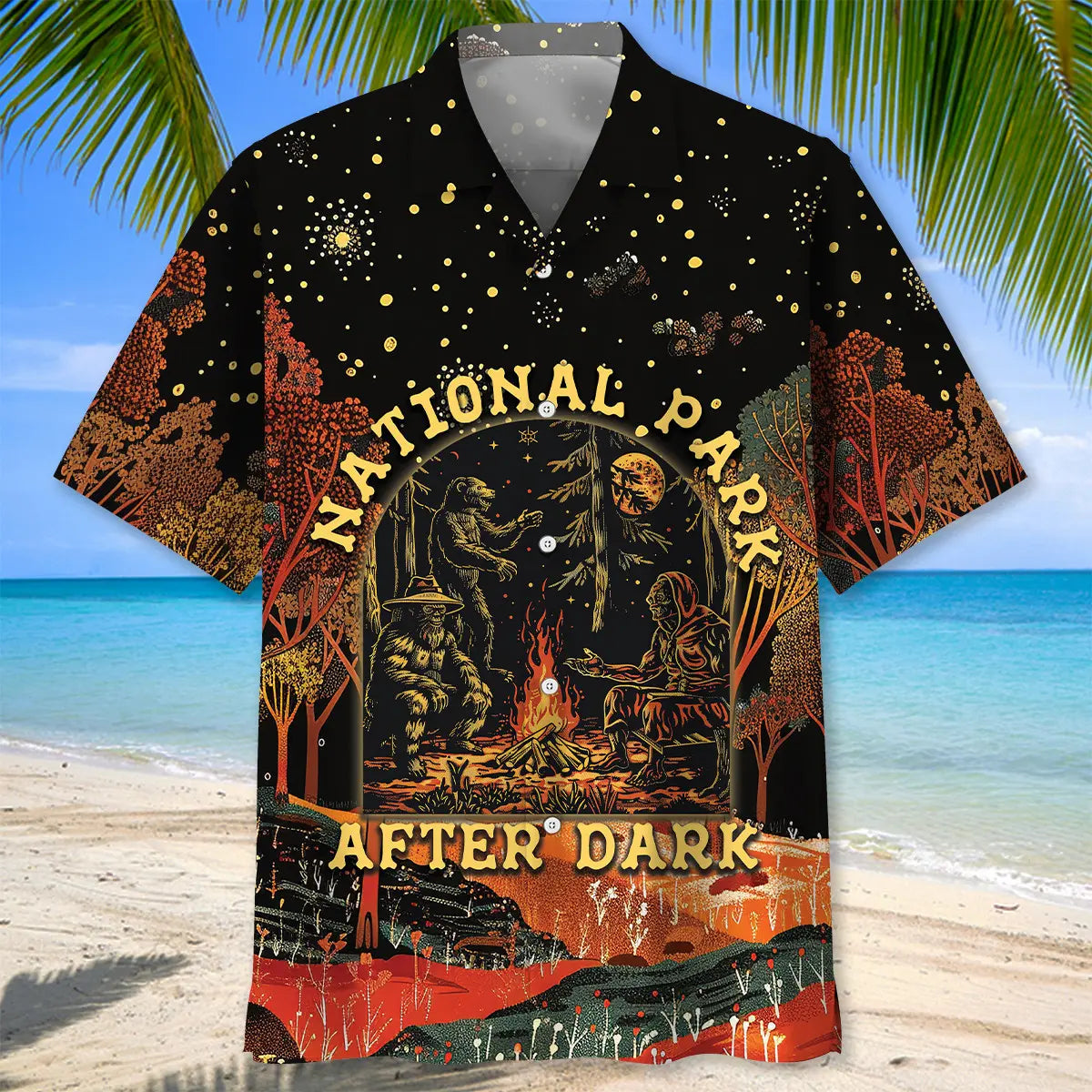 Dark National Park Bigfoot Alien Bear Hawaiian Shirt For Tropical Holidays, Outdoor Gatherings, And Everyday Comfort