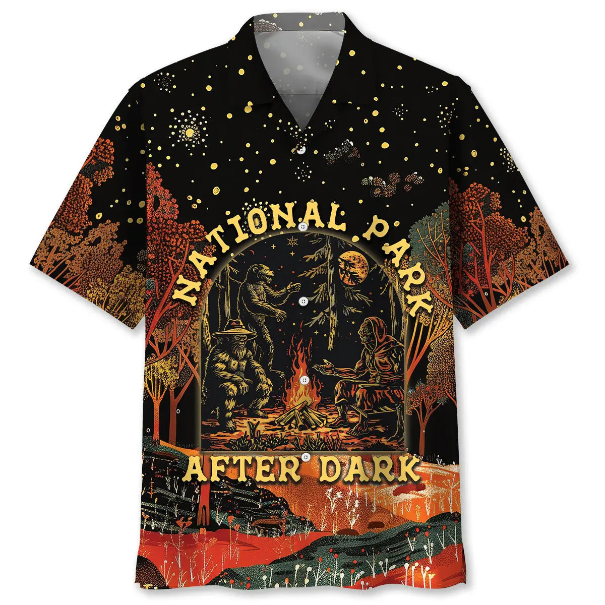 Dark National Park Bigfoot Alien Bear Hawaiian Shirt For Tropical Holidays, Outdoor Gatherings, And Everyday Comfort