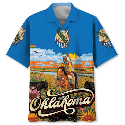 Native Oklahoma Heritage Hawaiian Shirt For Resort Trips, Coastal Parties, And Warm Weather Style
