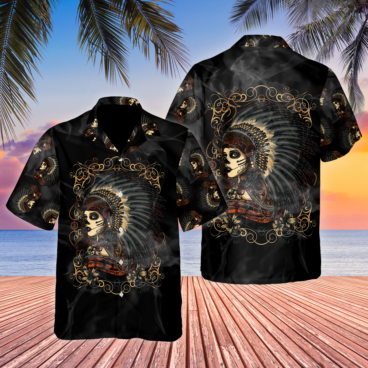 Bohemian Dark Skull Girl Hawaiian Shirt Artwork Detail For Tropical Trips And Casual Outings
