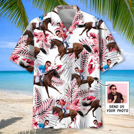 Nature Horse Racing Personalized Photo Face Hawaiian Shirt For Resort Trips, Coastal Parties, And Warm Weather Style