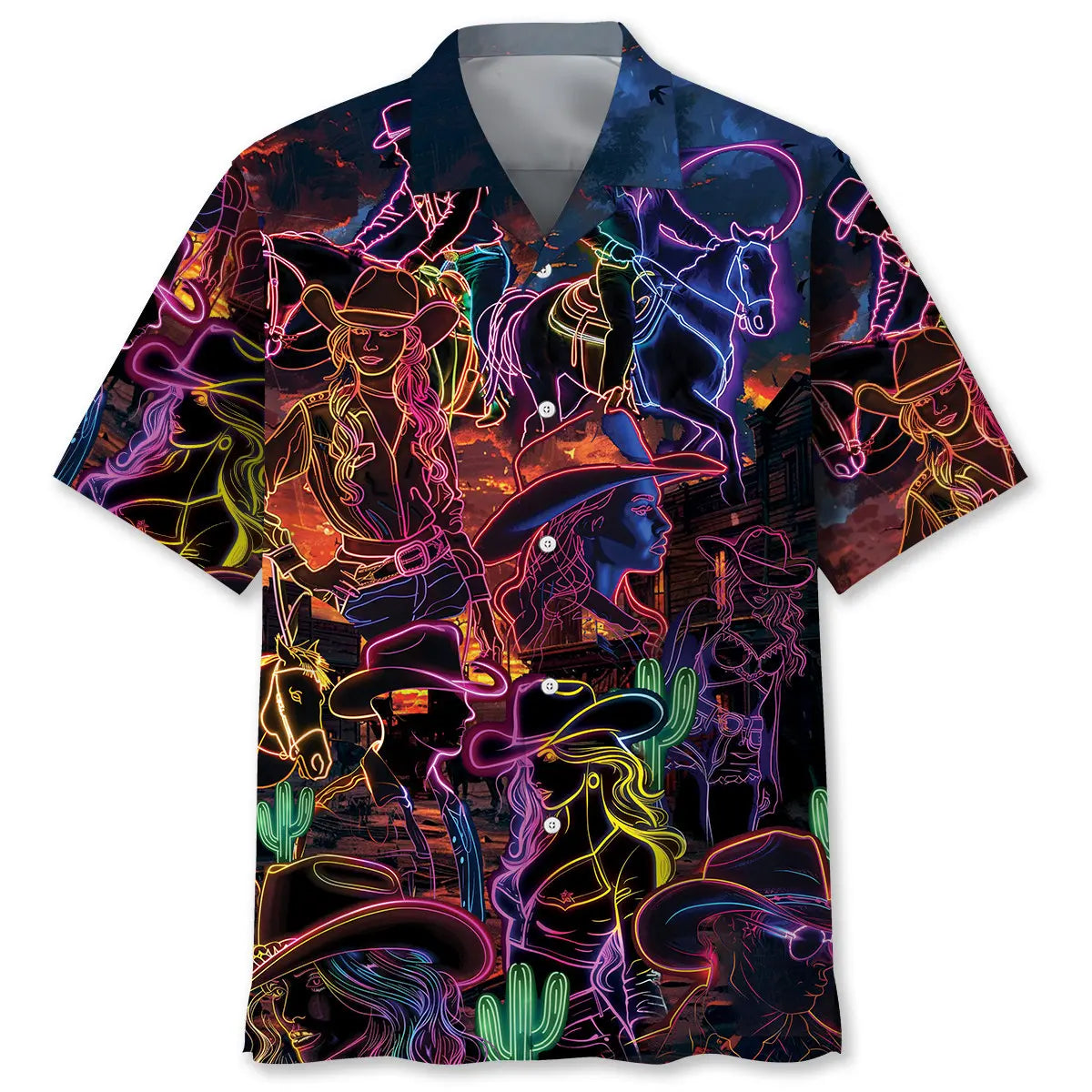 Neon Cowboy Vintage Art Hawaiian Shirt For Poolside Gathering And Beachside Style