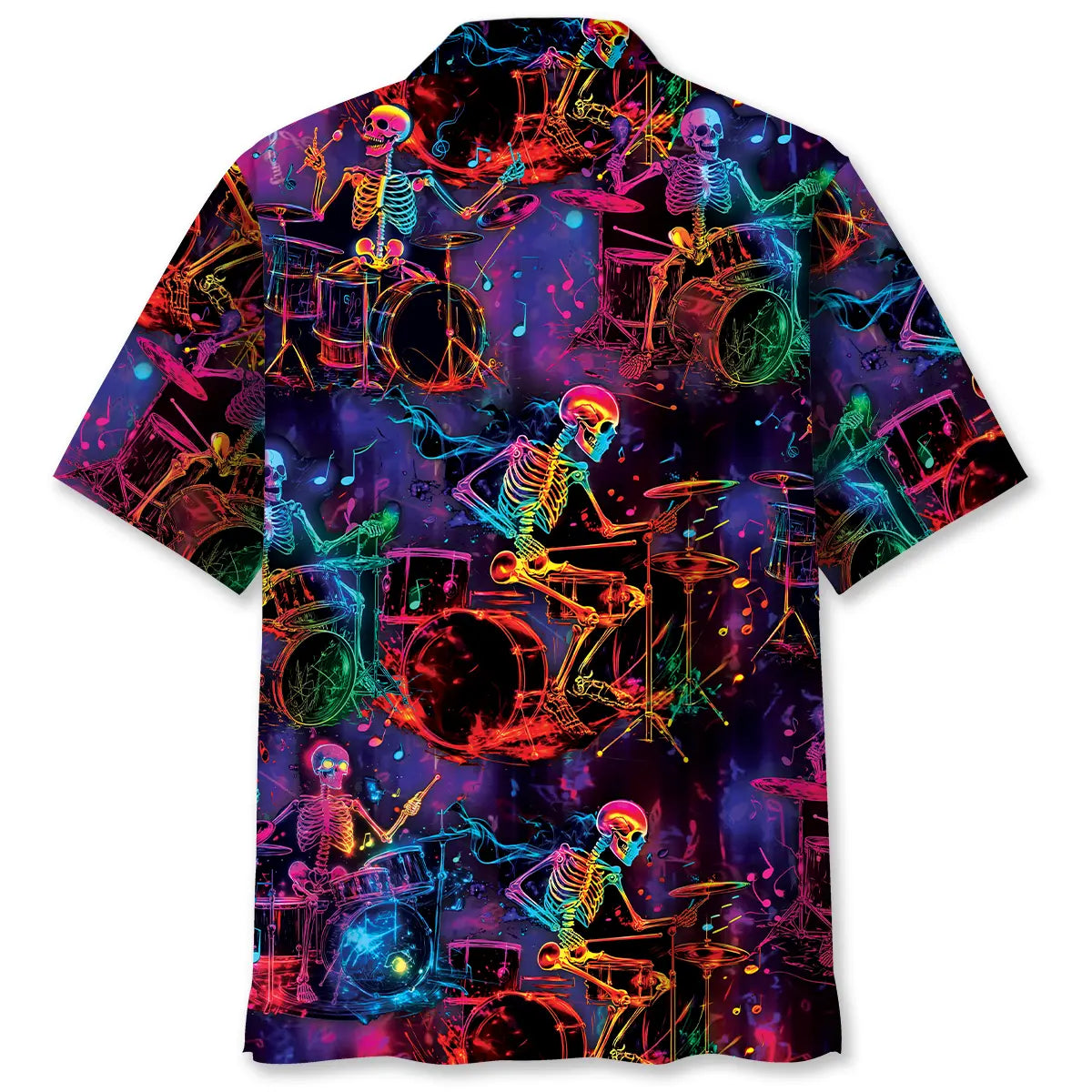 Neon Drum Skeleton Hawaiian Shirt For Resort Trips, Coastal Parties, And Warm Weather Style