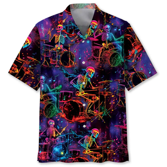 Neon Drum Skeleton Hawaiian Shirt For Resort Trips, Coastal Parties, And Warm Weather Style
