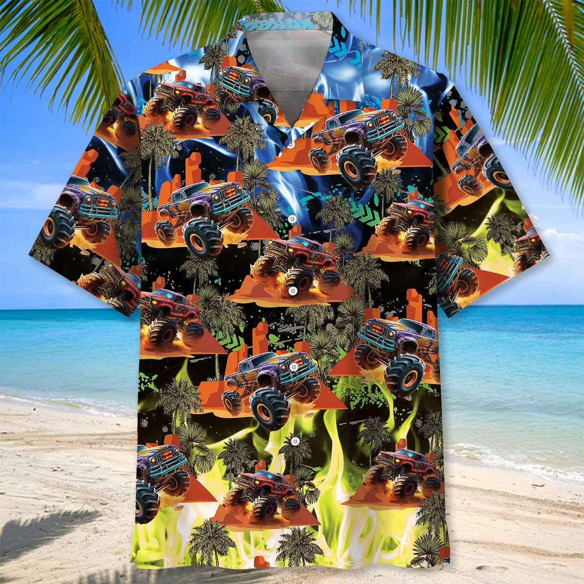Neon Monster Truck Hawaiian Shirt For Tropical Holidays, Outdoor Gatherings, And Everyday Comfort