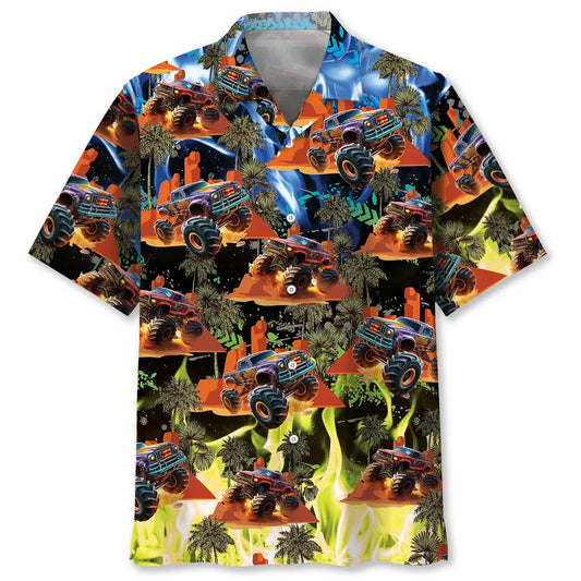 Neon Monster Truck Hawaiian Shirt For Tropical Holidays, Outdoor Gatherings, And Everyday Comfort