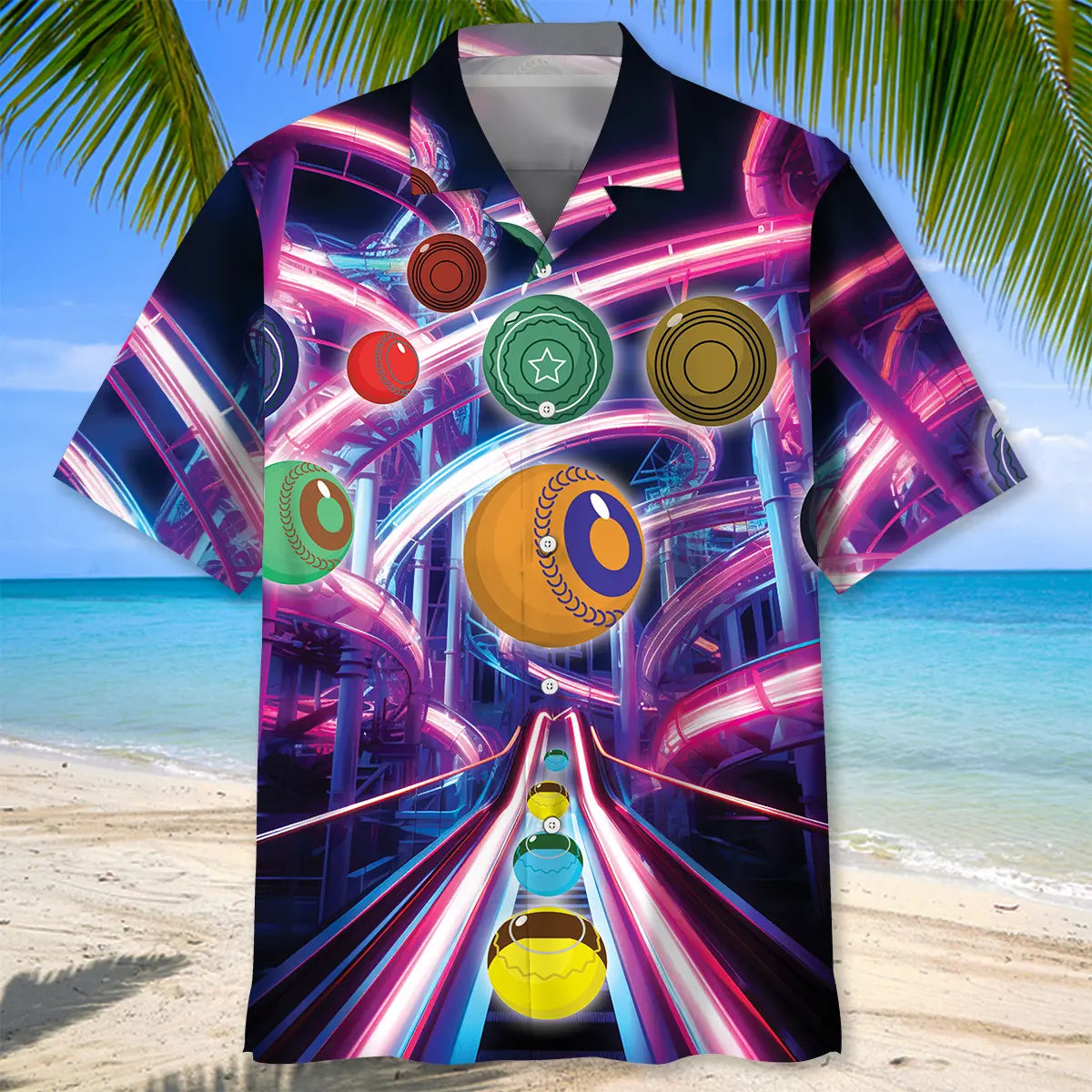 Neon Roller Coaster Lawn Bowl Hawaiian Shirt For Tropical Holidays, Outdoor Gatherings, And Everyday Comfort