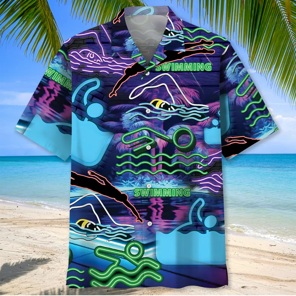 Neon Swimming Hawaiian Shirt For Coastal Travel, Casual Events, And Comfortable Summer Wear