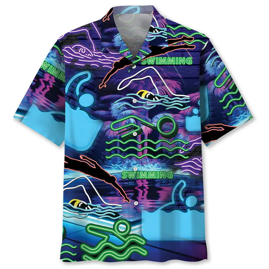 Neon Swimming Hawaiian Shirt For Coastal Travel, Casual Events, And Comfortable Summer Wear