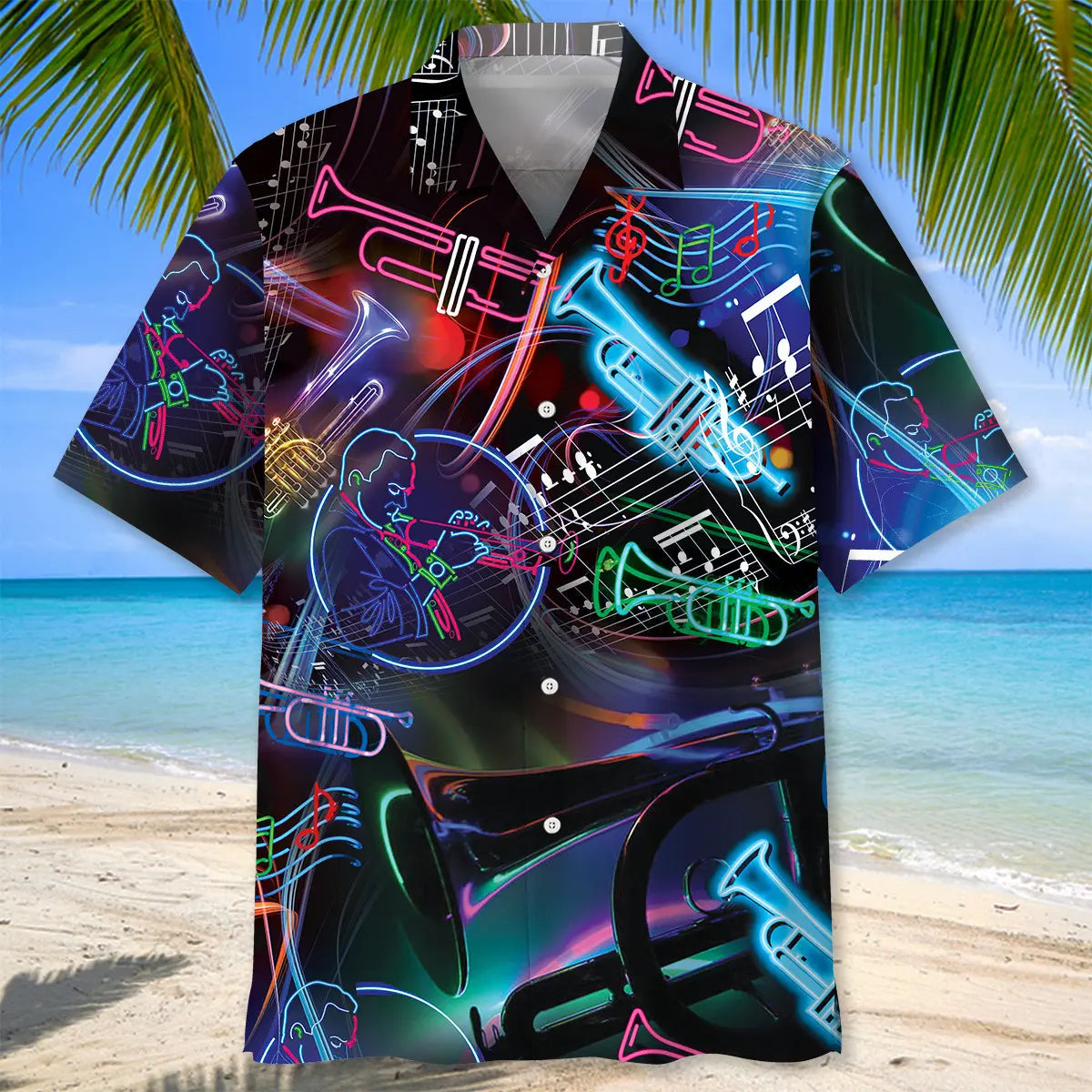 Neon Trumpet Hawaiian Shirt For Island Vacations, Resort Wear, And Relaxed Seasonal Style