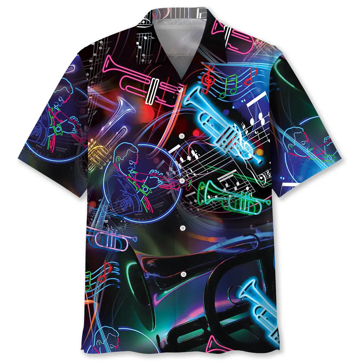 Neon Trumpet Hawaiian Shirt For Island Vacations, Resort Wear, And Relaxed Seasonal Style