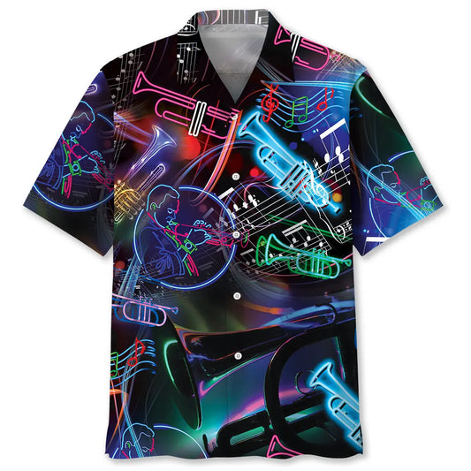 Neon Trumpet Hawaiian Shirt For Island Vacations, Resort Wear, And Relaxed Seasonal Style