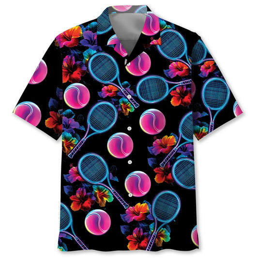 Neon Tropical Tennis Hawaiian Shirt For Summer Vacation, Beach Travel, And Casual Wear