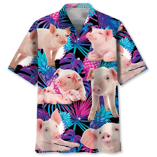 Neon Tropical Pig Hawaiian Shirt For Beach Days, Coastal Adventures, And Thoughtful Gift Giving