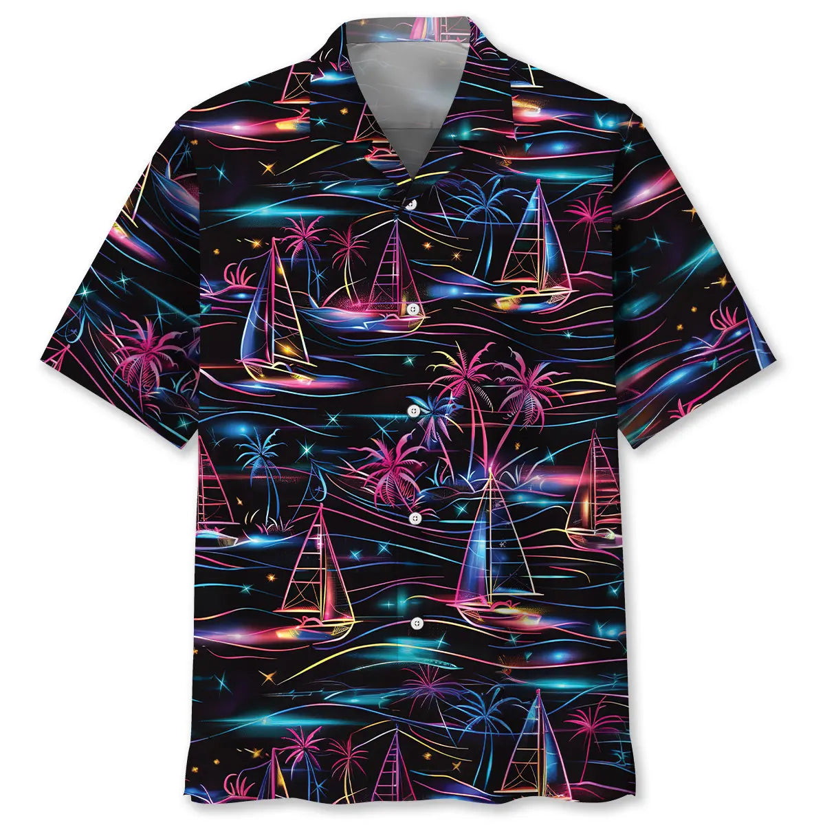 Neon Tropical Sailboat Hawaiian Shirt For Summer Vacation, Beach Travel, And Casual Wear