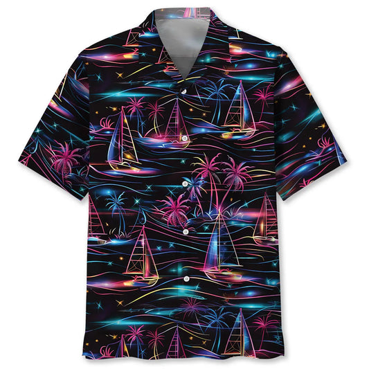 Neon Tropical Sailboat Hawaiian Shirt For Summer Vacation, Beach Travel, And Casual Wear