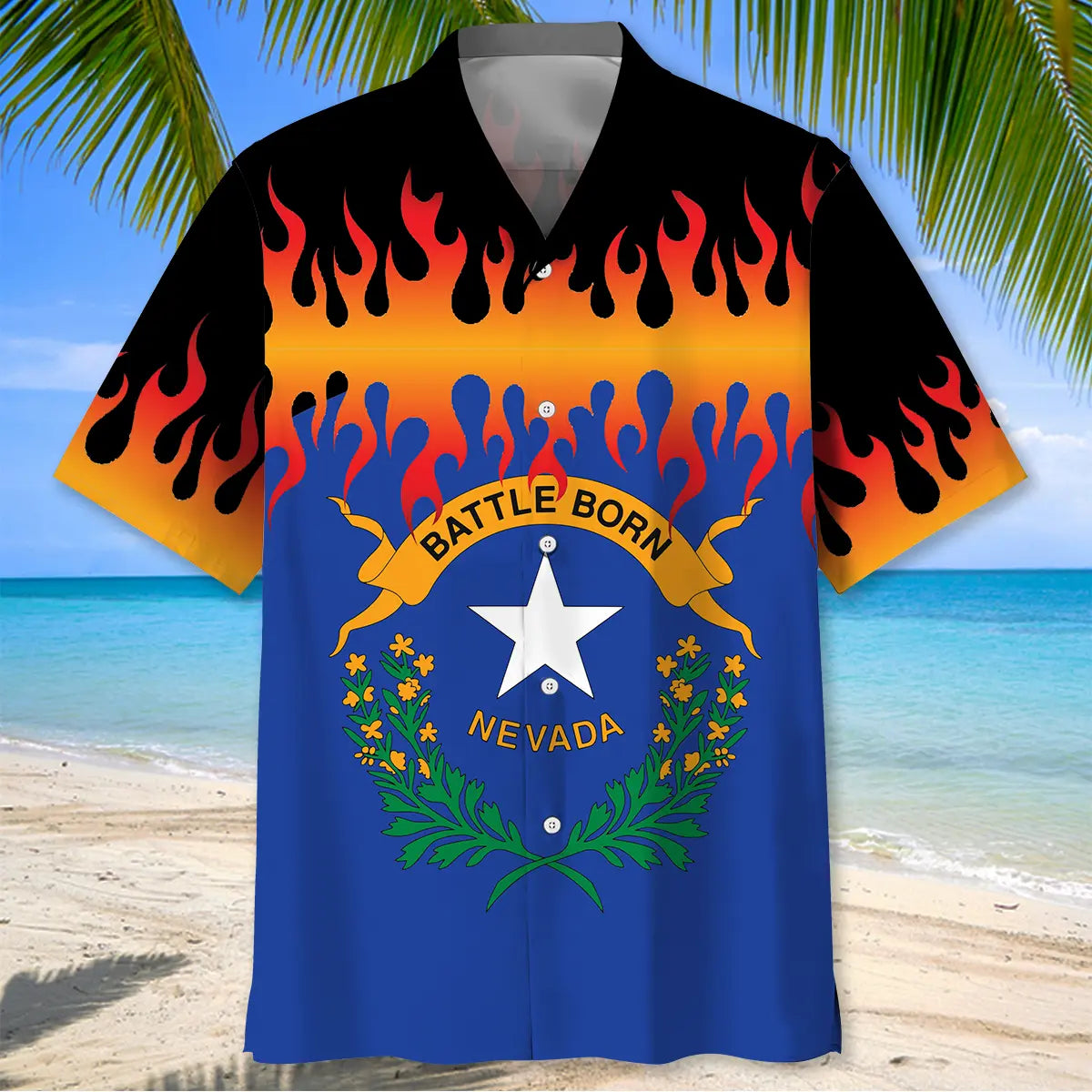 Nevada Heritage Flames Hawaiian Shirt For Tropical Holidays, Outdoor Gatherings, And Everyday Comfort