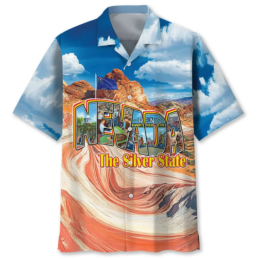 Nevada Silver Heritage Hawaiian Shirt For Tropical Holidays, Outdoor Gatherings, And Everyday Comfort