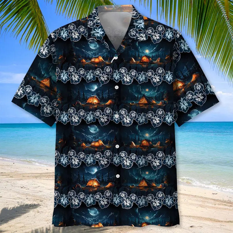 Night Camping Hawaiian Shirt For Outdoor Event, Warm Weather Outing, And Memorable Gifting