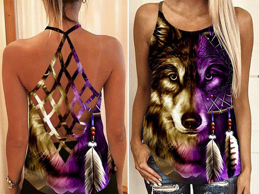 Native Wolf Purple Hollow Tank Top For Yoga Workouts And Casual Wear