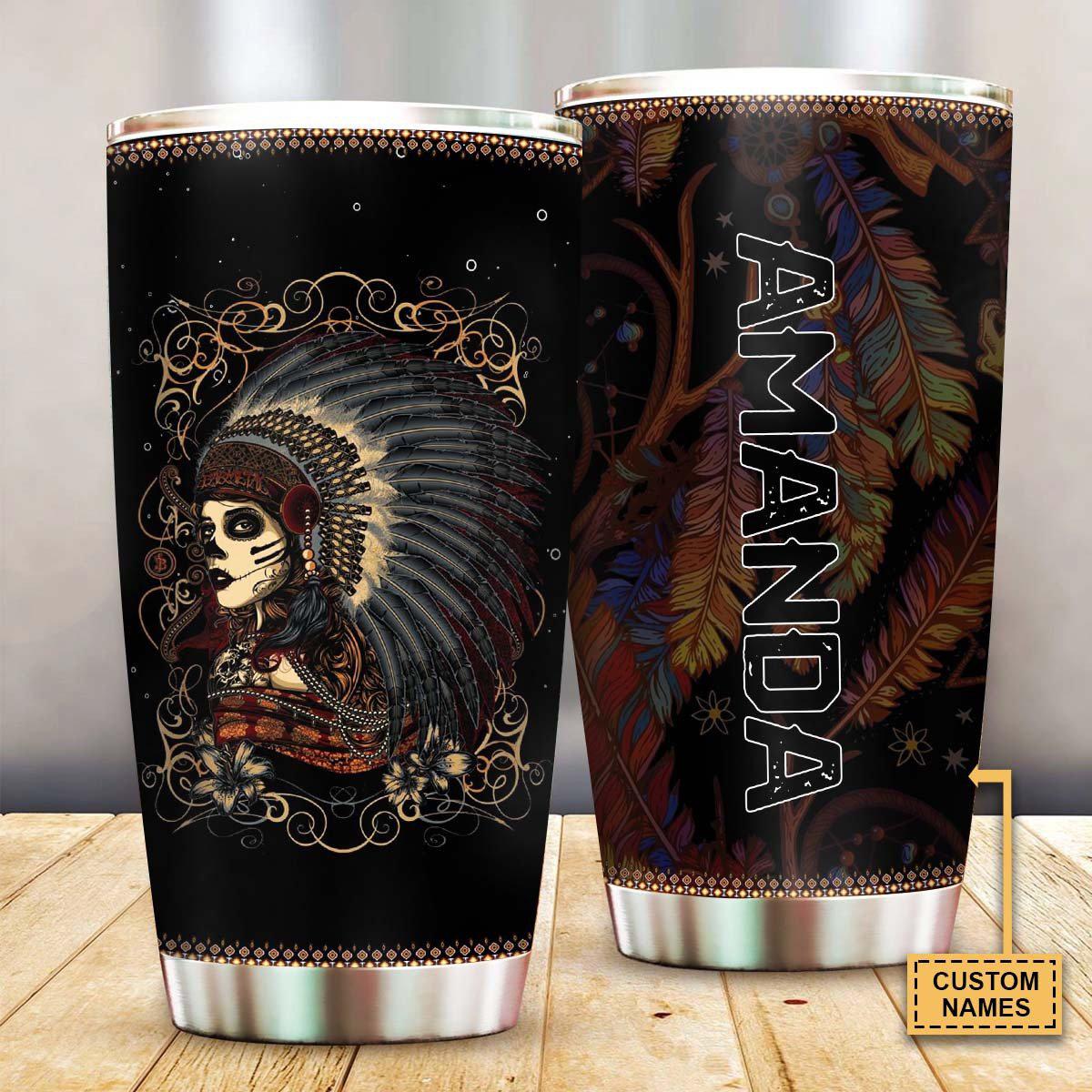 Native Girl And Floral With Dark Personalized 20 Oz Tumbler For Coffee Travel And Daily Drinks