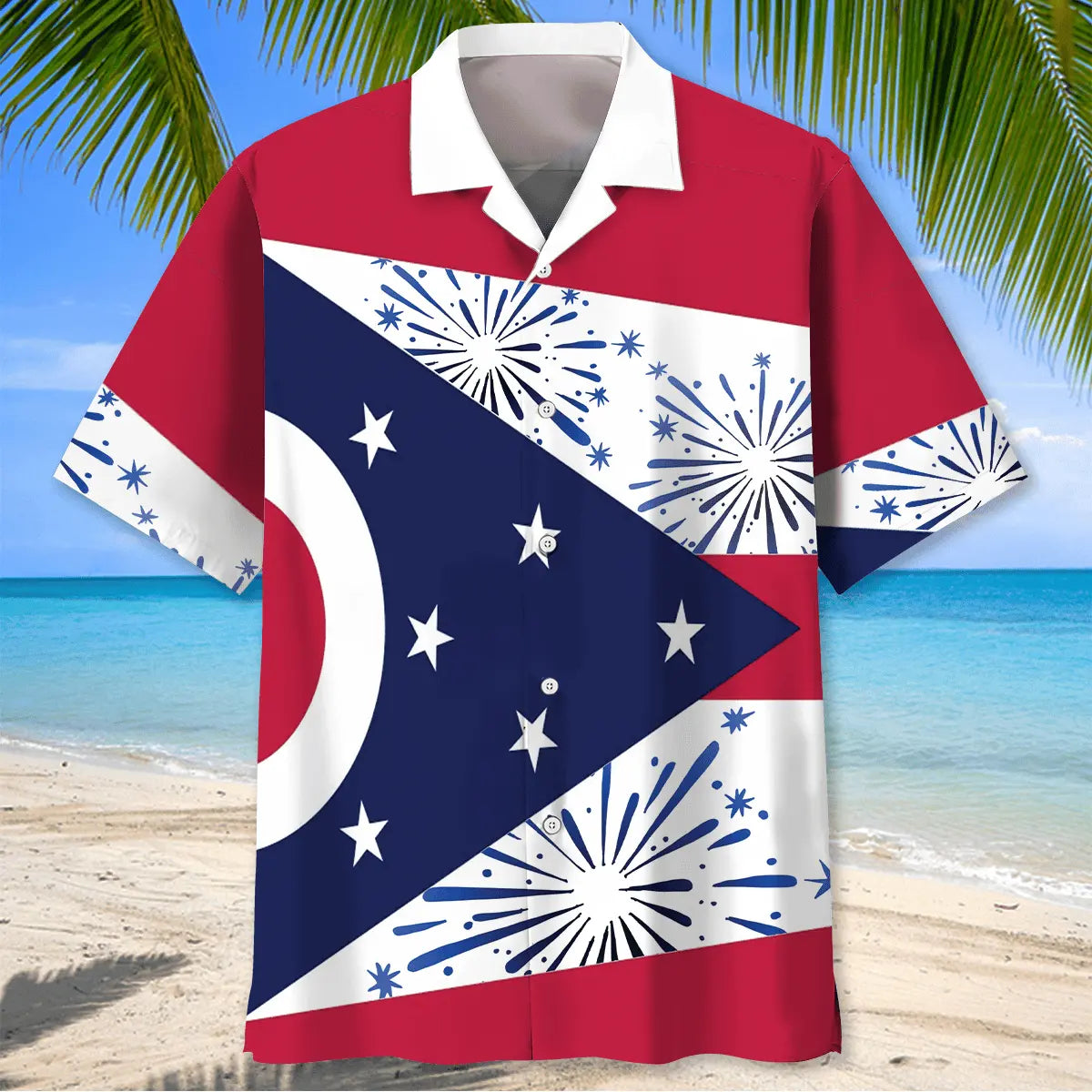Ohio Heritage Flag Firework Hawaiian Shirt For Summer Vacation, Beach Travel, And Casual Wear