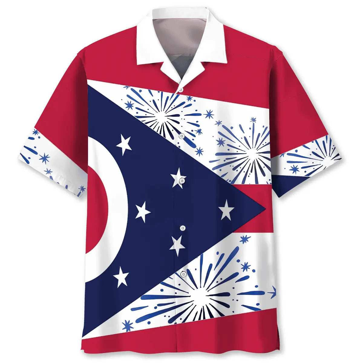 Ohio Heritage Flag Firework Hawaiian Shirt For Summer Vacation, Beach Travel, And Casual Wear