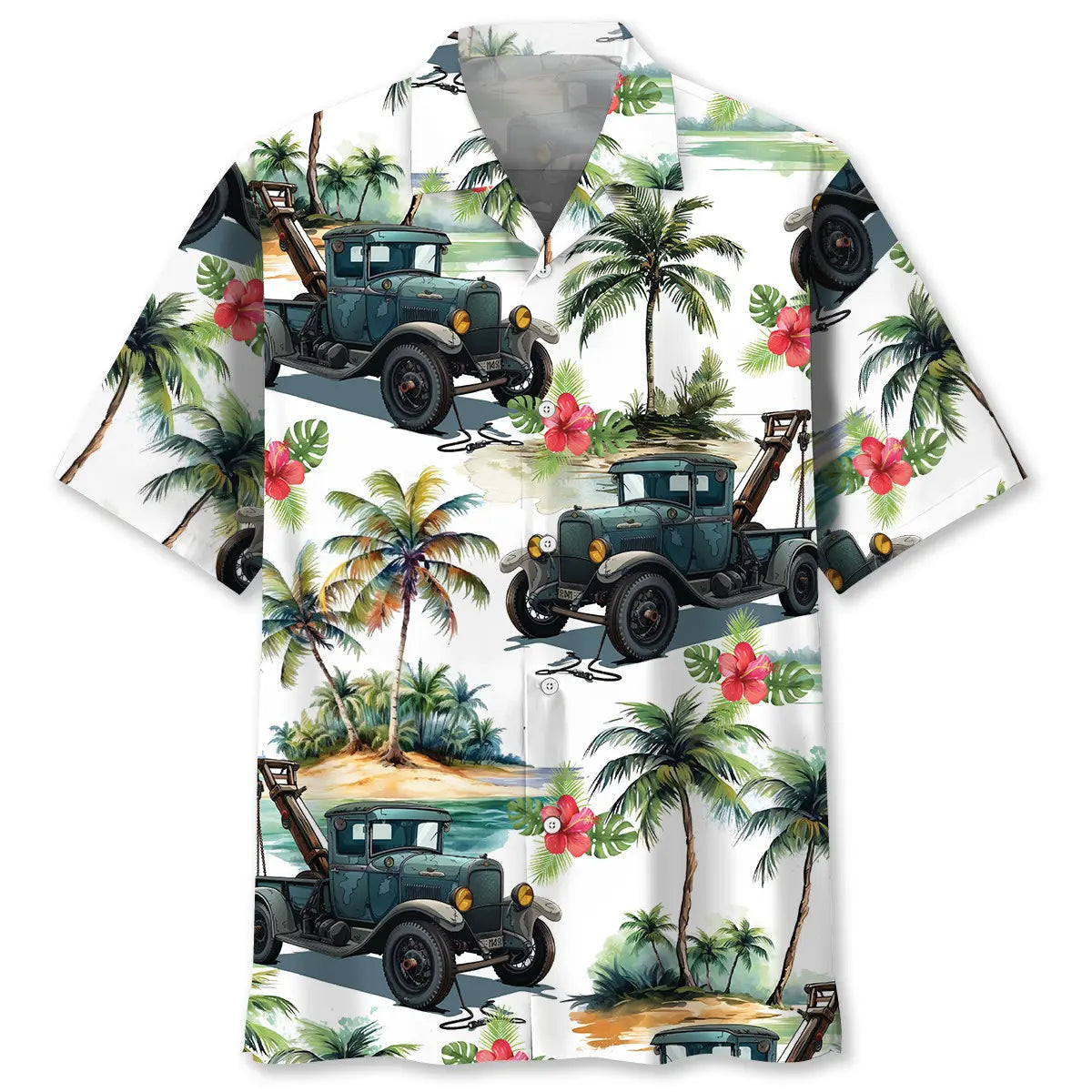Old Tow Truck Hawaiian Shirt For Seasonal Celebration, Warm Weather Outing, And Travel Ready Style