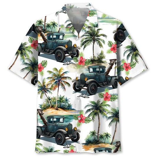 Old Tow Truck Hawaiian Shirt For Seasonal Celebration, Warm Weather Outing, And Travel Ready Style