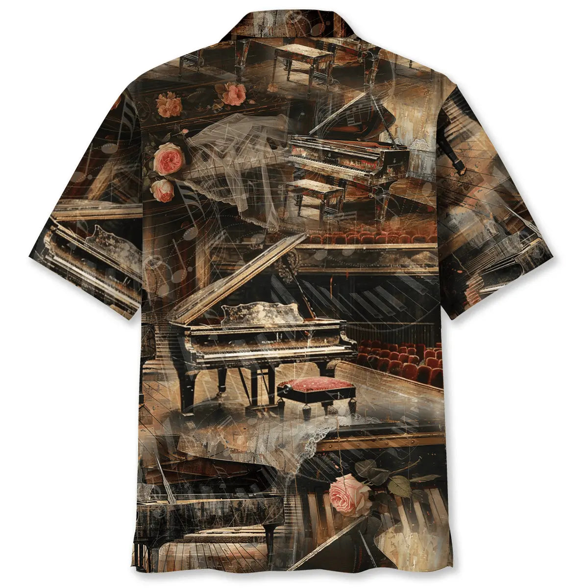 Vintage Piano Hawaiian Shirt For Summer Vacation, Beach Travel, And Casual Wear