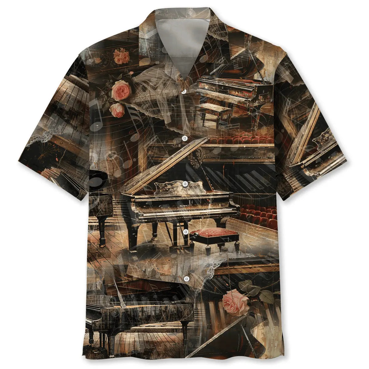 Vintage Piano Hawaiian Shirt For Summer Vacation, Beach Travel, And Casual Wear
