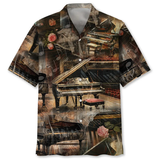 Vintage Piano Rose Pocket Hawaiian Shirt For Summer Vacation, Beach Travel, And Casual Wear