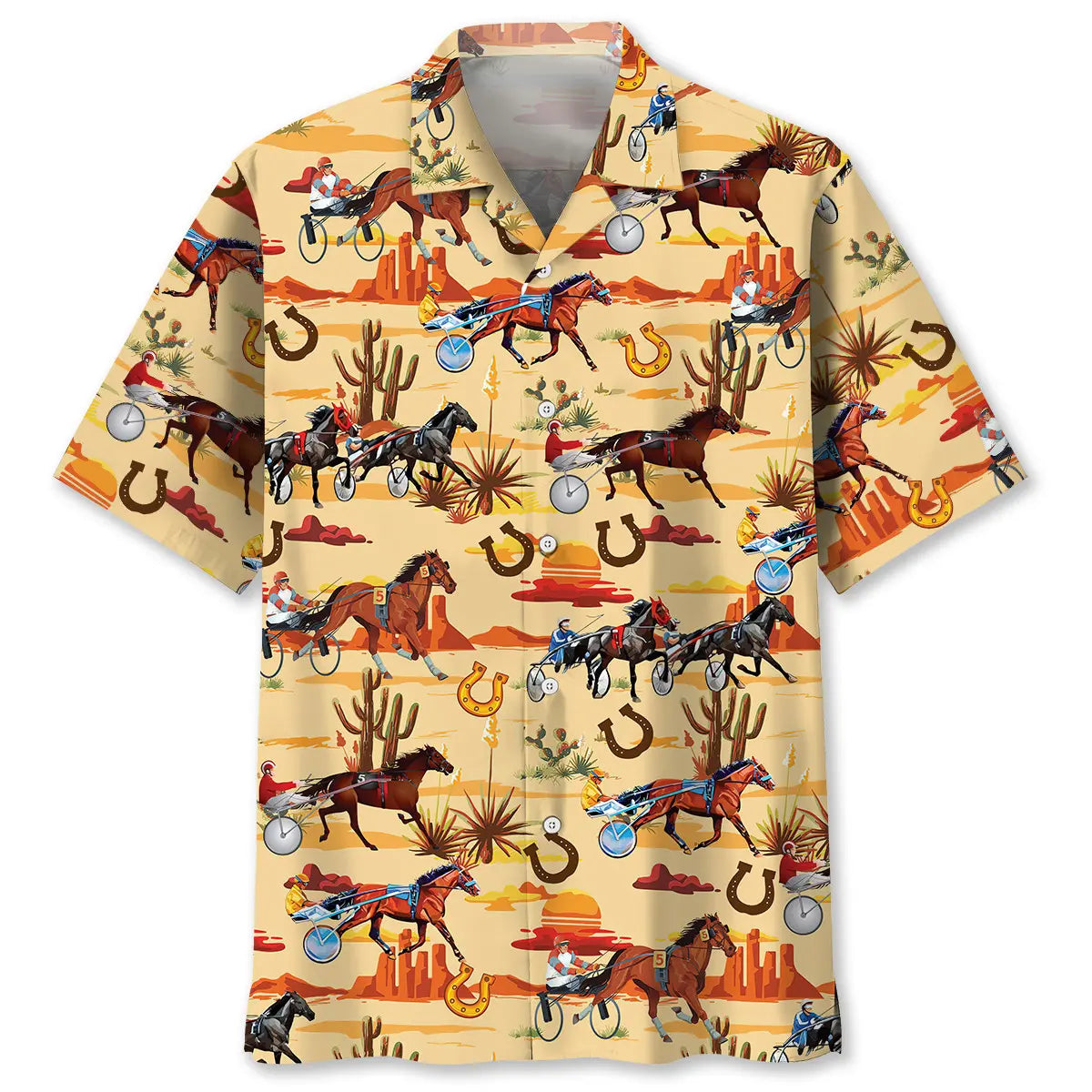 Orange Desert Horse Harness Racing Hawaiian Shirt For Motorsport Events, Beach Travel, And Thoughtful Gift Giving