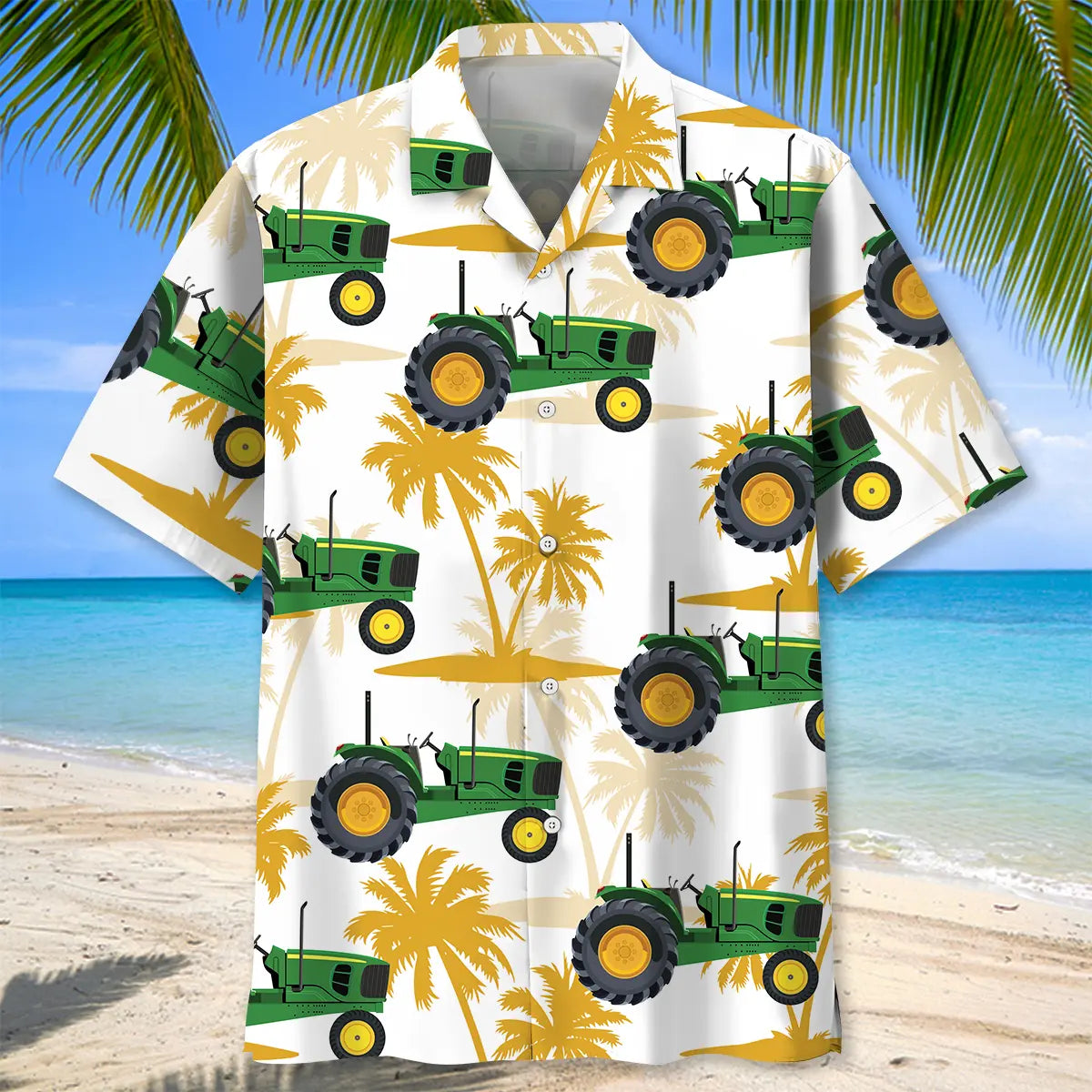 Palm Tree Green Tractor Hawaiian Shirt For Cruise Journey, Beachside Event, And Coastal Casual Wear