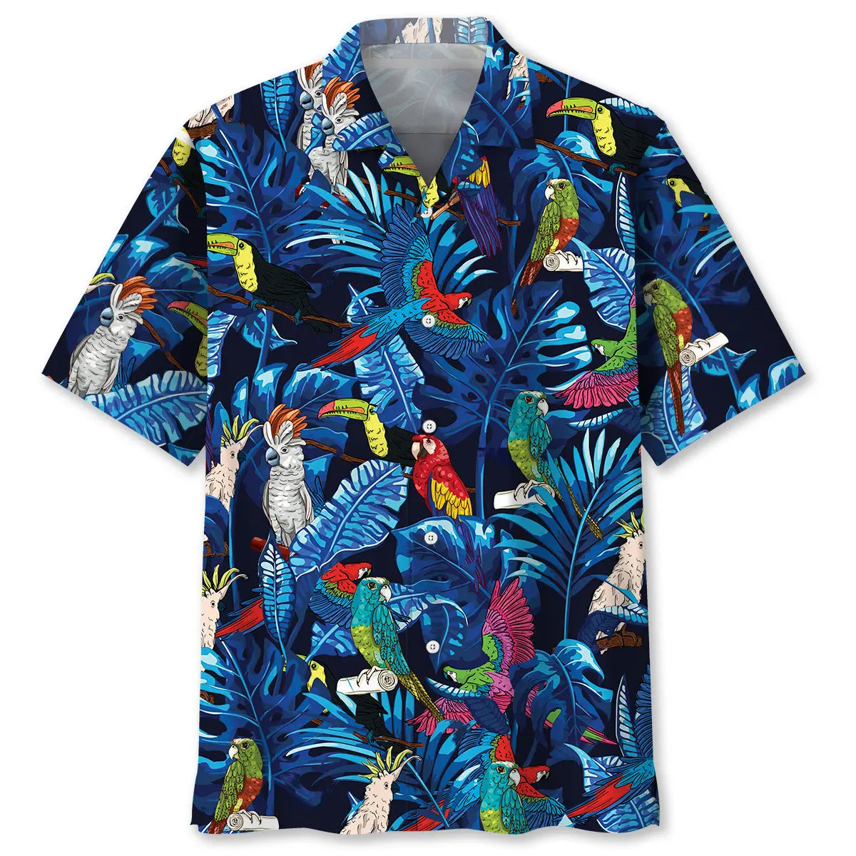 Tropical Parrot Blue Hawaiian Shirt For Tropical Holidays, Outdoor Gatherings, And Everyday Comfort