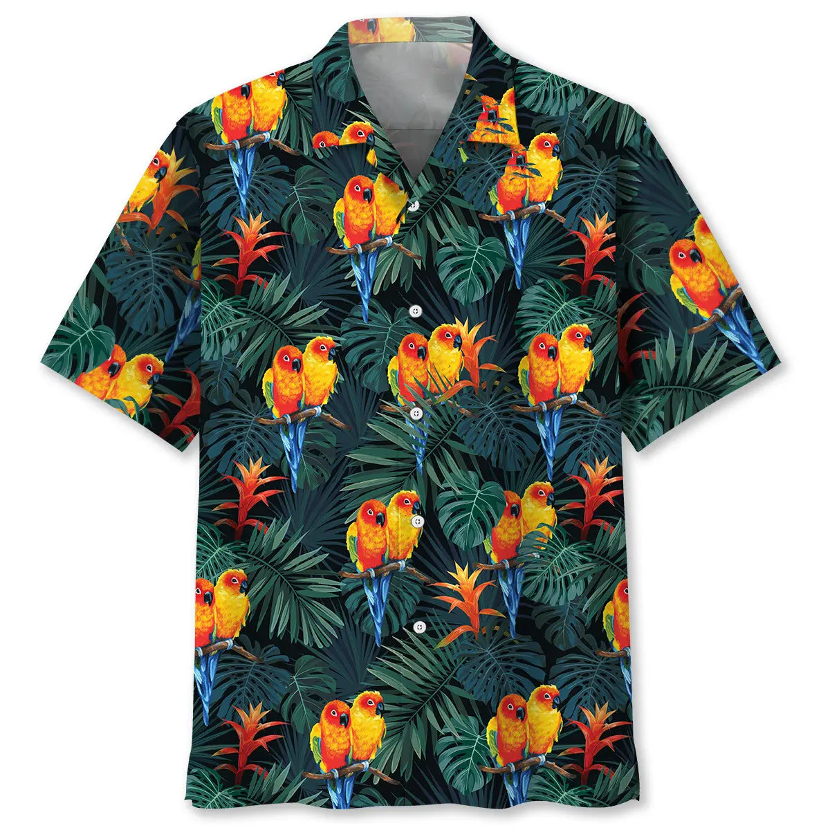 Dark Tropical Parrot Green Hawaiian Shirt For Island Vacations, Weekend Events, And Relaxed Everyday Outfits