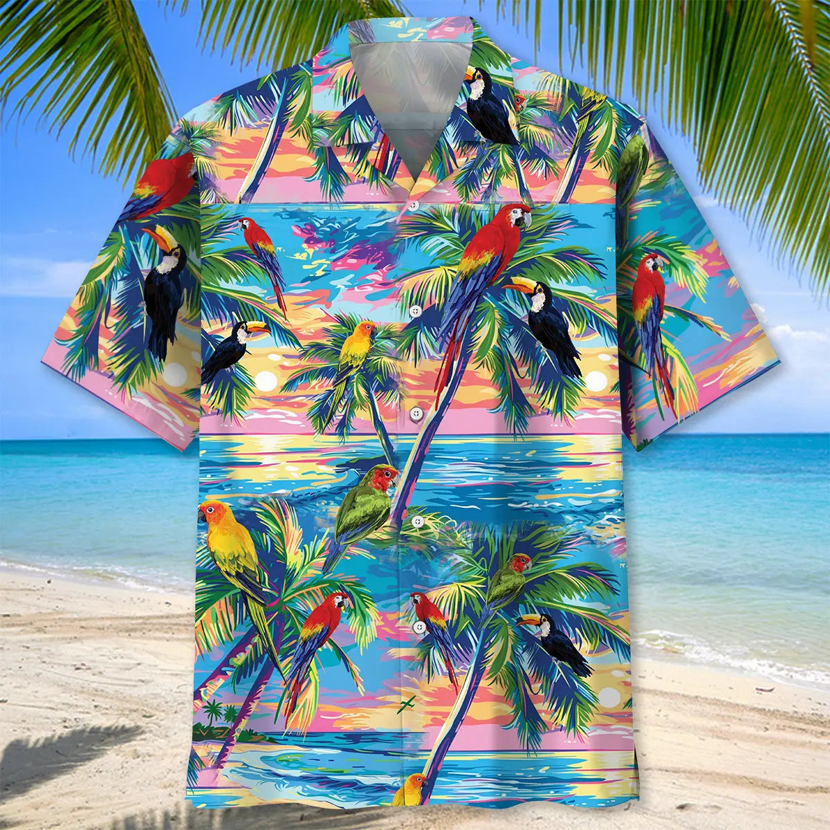Summer Parrot Beach Hawaiian Shirt For Tropical Holidays, Outdoor Gatherings, And Everyday Comfort
