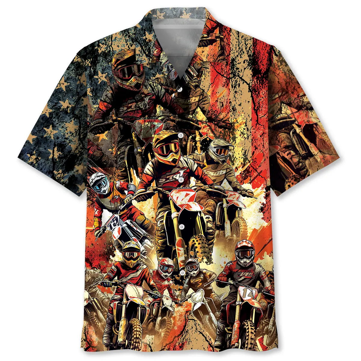 Patriotic Dirt Bike Racing Hawaiian Shirt For Island Vacations, Resort Wear, And Relaxed Seasonal Style