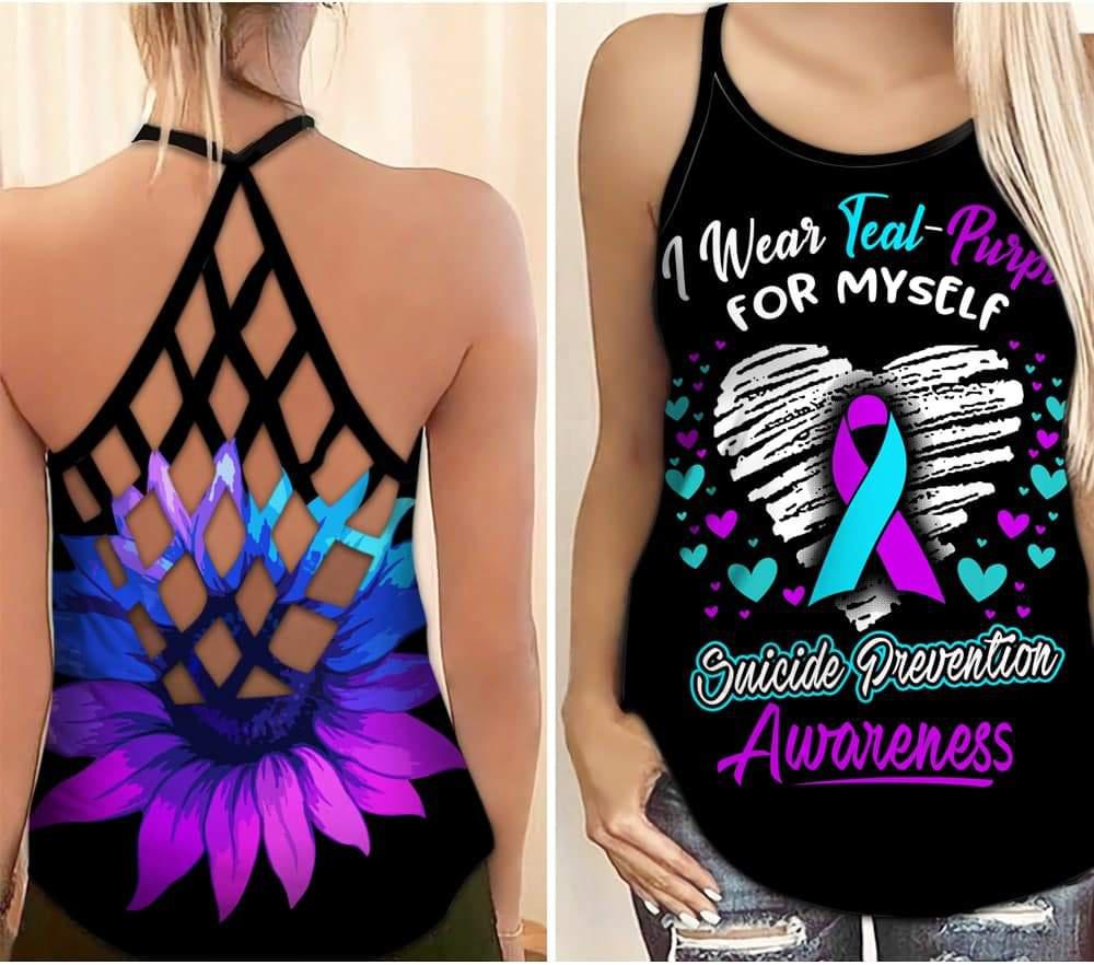 Teal Purple Personal Wellness Support Hollow Tank Top For Awareness Gatherings And Daily Wear