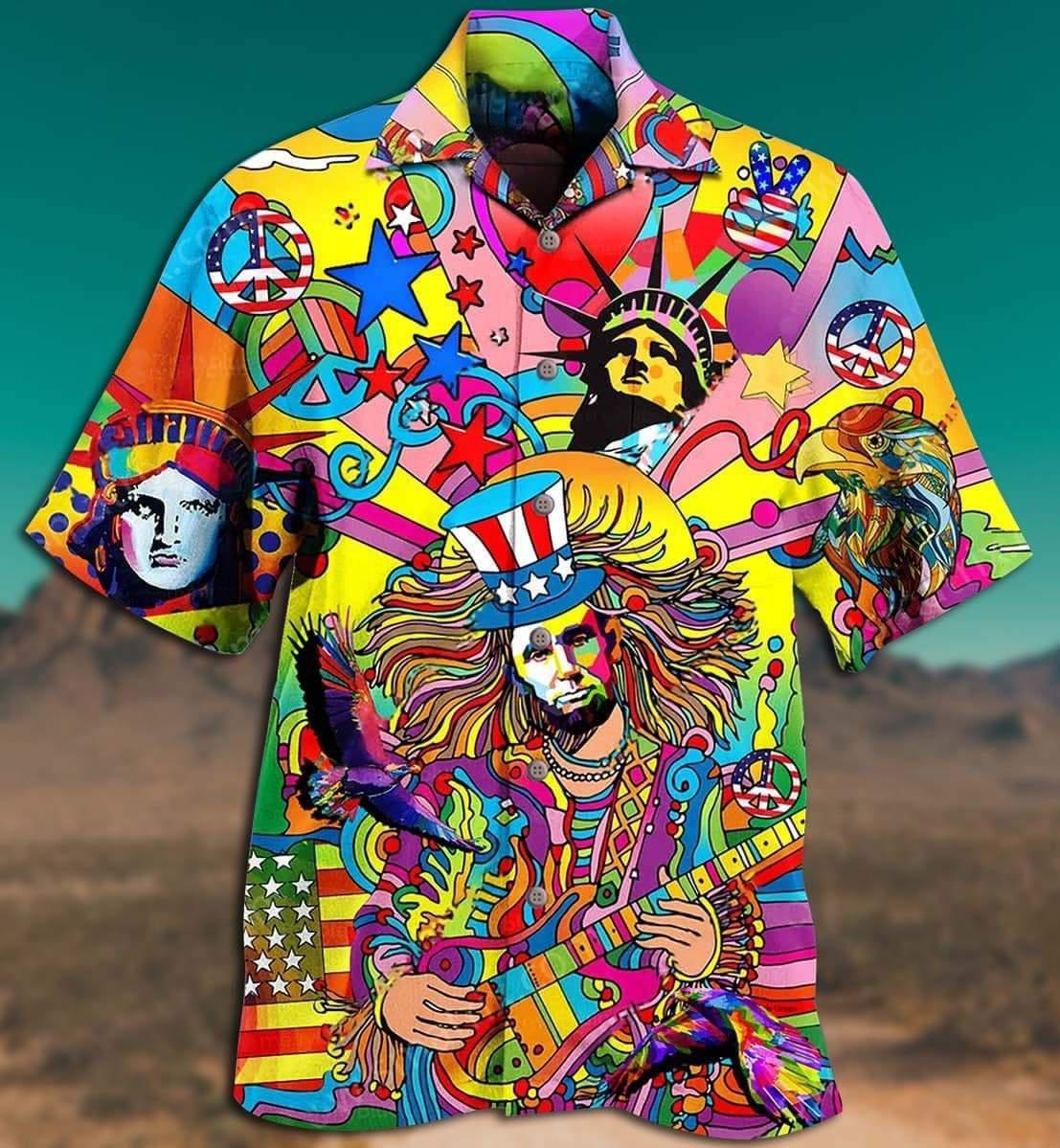 Patriotic Colorful Hippie Peace Hawaiian Shirt With All Over Print For Island Holidays Summer Parties And Casual Outdoor Wear