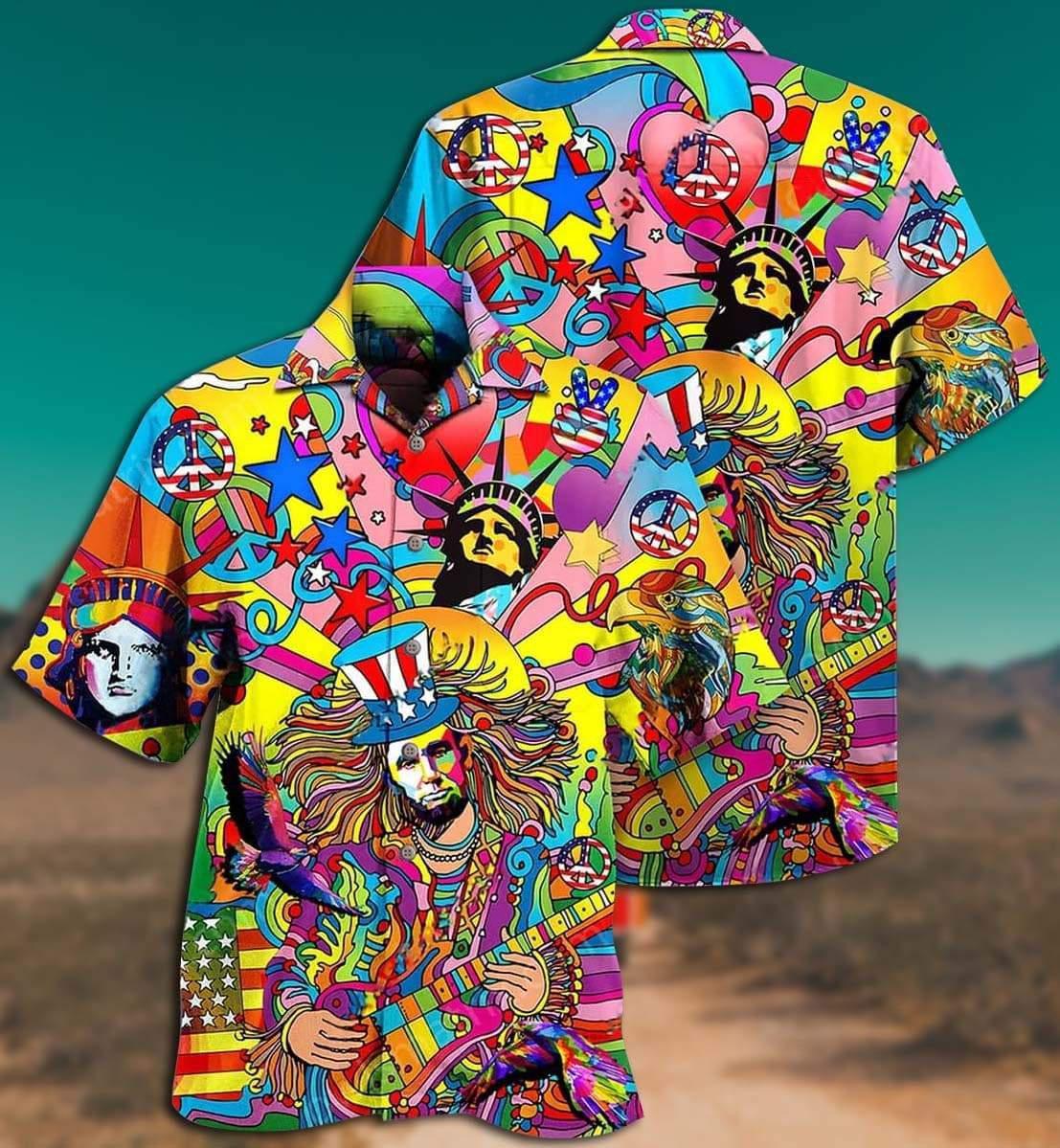 Patriotic Colorful Hippie Peace Hawaiian Shirt With Detailed Graphic For Island Holidays Summer Parties And Casual Outdoor