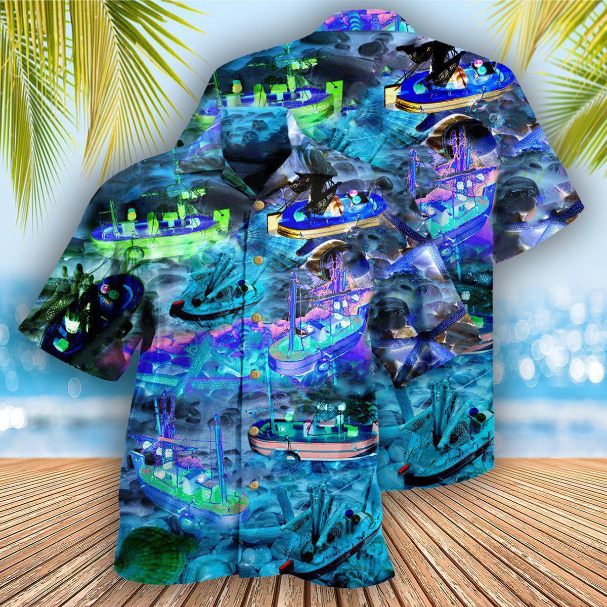 Blue Boat Hawaiian Shirt With Detailed Graphic For Vacation Getaways Resort Wear And Casual Celebrations