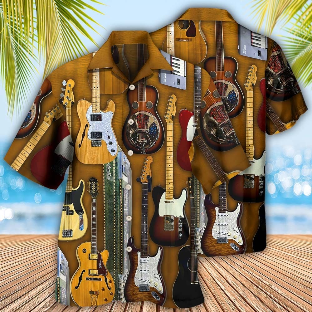Vintage Guitar Hawaiian Shirt With All Over Print For Coastal Trips Outdoor Events And Relaxed Summer Wear