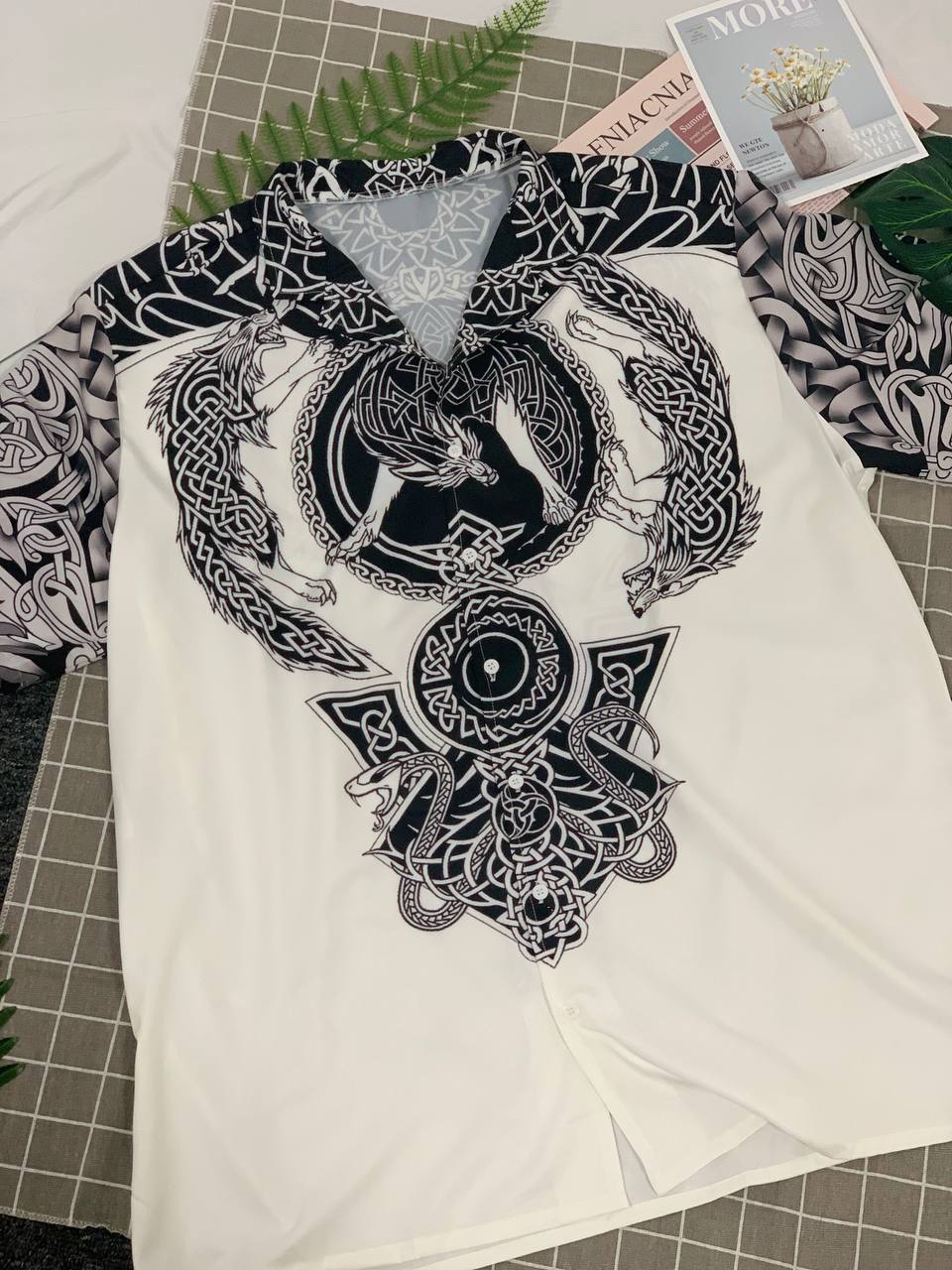 Black White Norse Warrior Blood Hawaiian Shirt Design View For Casual Summer Styling