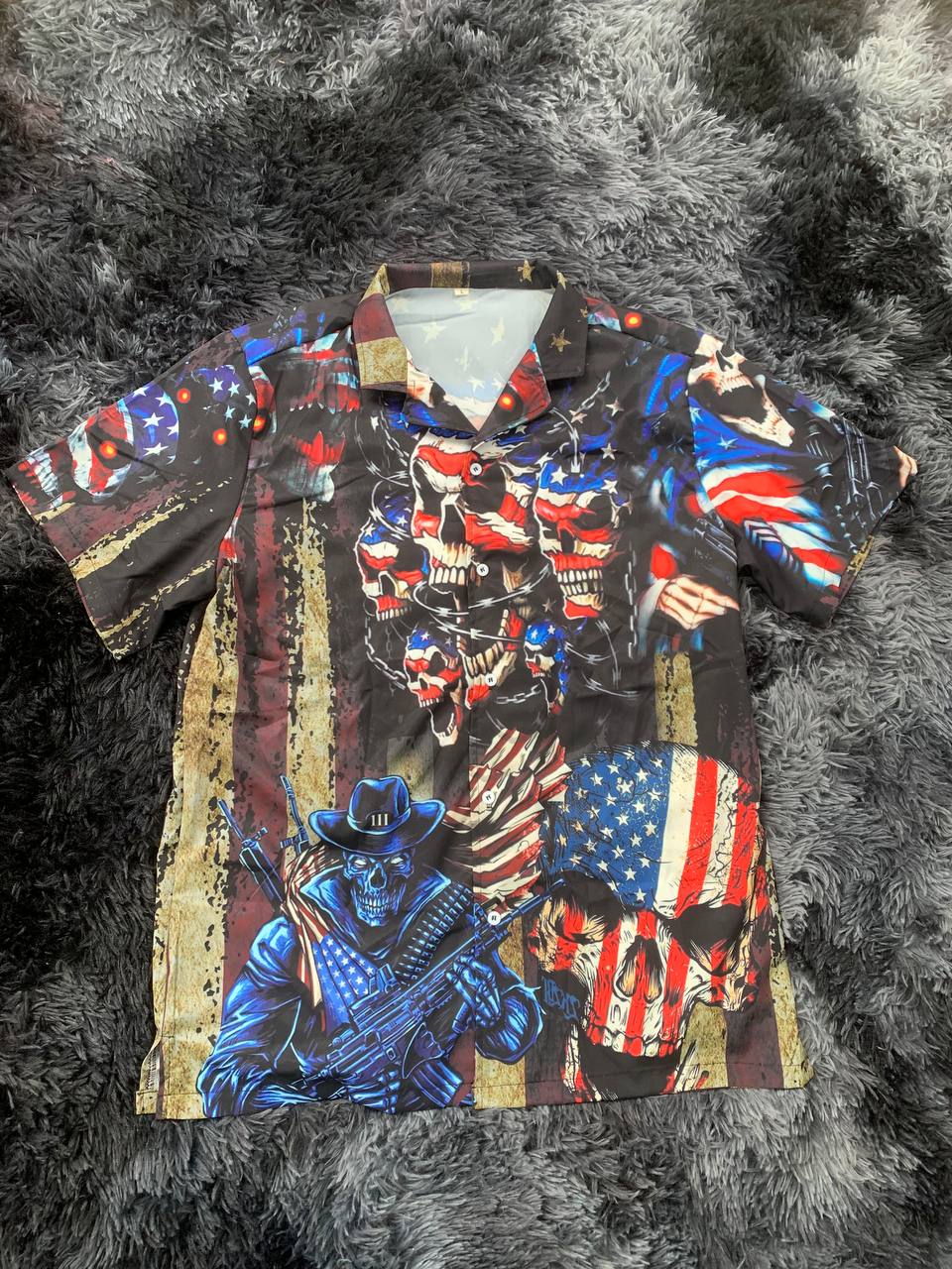 Skull American Pride Hawaiian Shirt Artwork Detail For Tropical Trips And Casual Outings