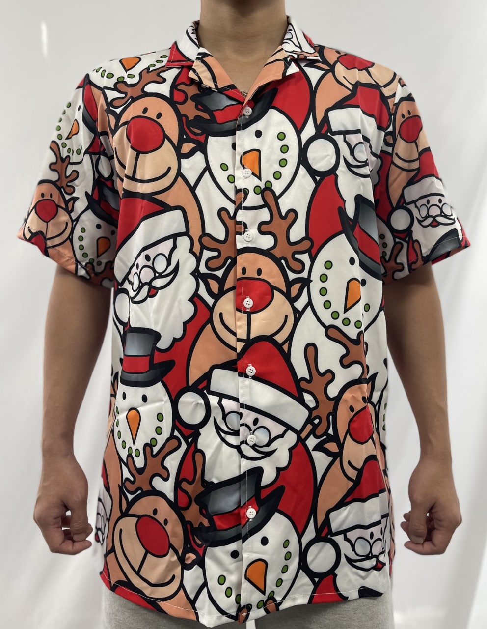Funny Christmas Cutie Santa Reindeer Hawaiian Shirt Artwork Detail For Resort Trips And Outdoor Activities